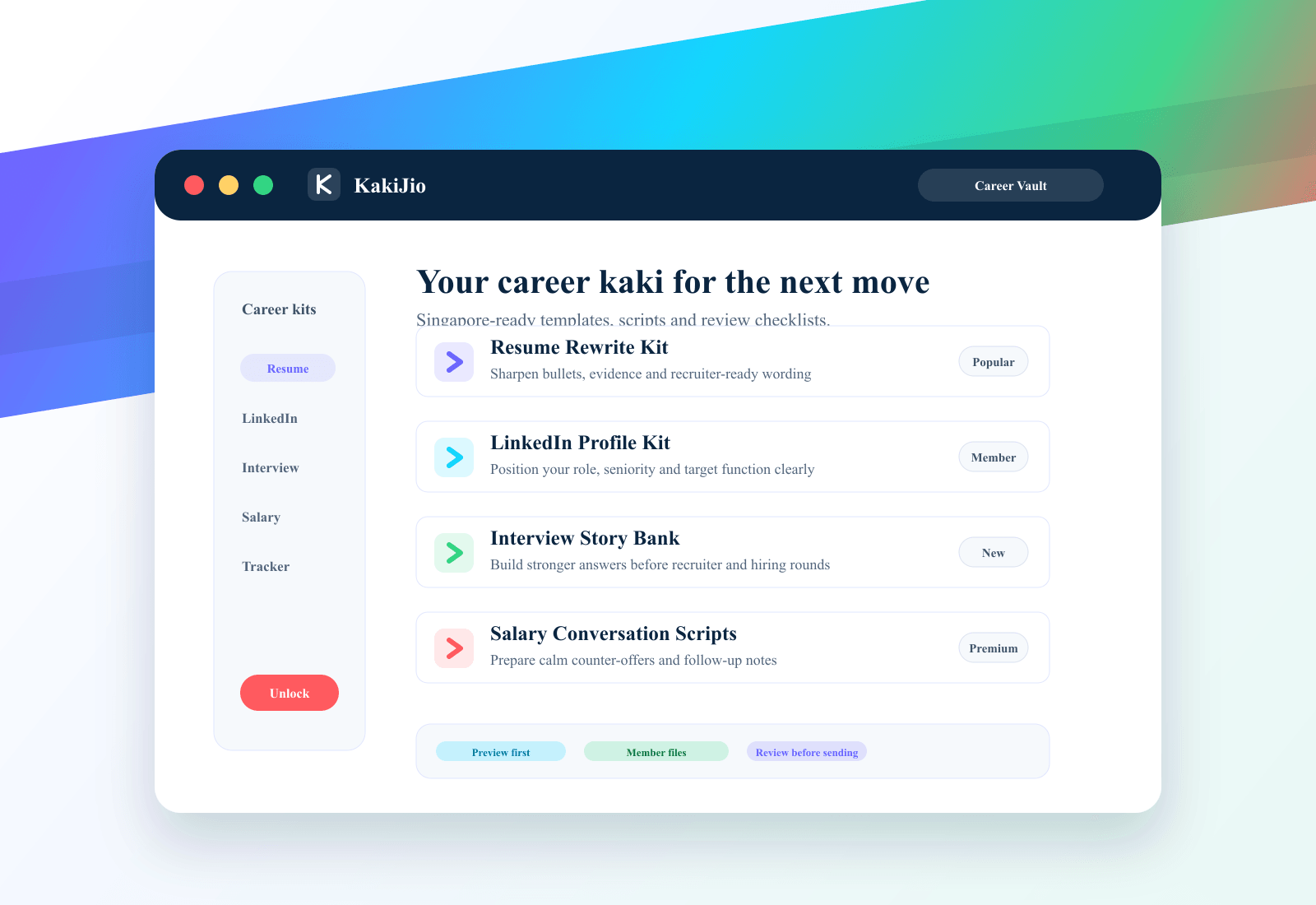 KakiJio product preview showing career kits and member resources
